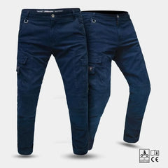 Navy blue motorcycle jeans on a light gray background