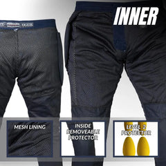 Navy blue motorcycle jeans with mesh lining, inside protector, and level 2 protection features on a gray background.