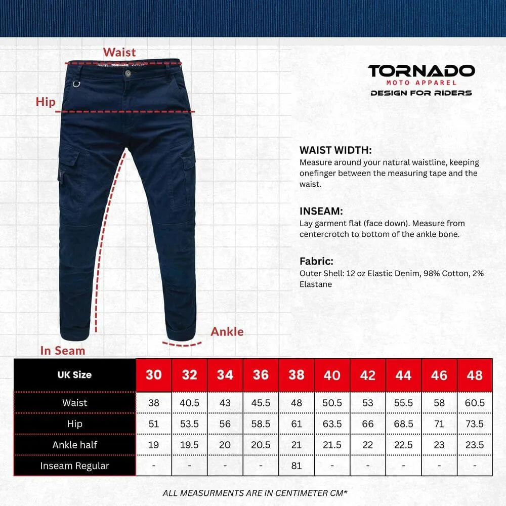 Measurement guide for Tornado Navy blue motorcycle jeans with a image and size chart.
