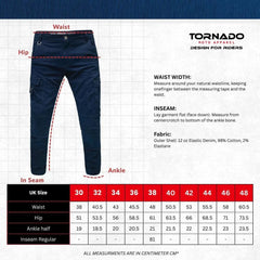 Measurement guide for Tornado Navy blue motorcycle jeans with a image and size chart.