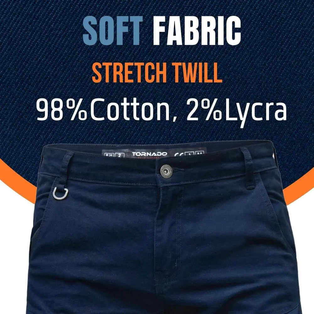 Navy blue motorcycle jeans with text about fabric composition on a blue and orange background