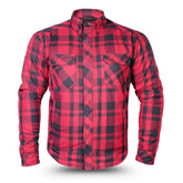 Alt: Red and black checkered motorcycle riding shirt with Kevlar lining and CE protection by Tornado Moto.