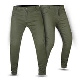Pair of olive green motorcycle jeans pants on a white background