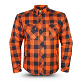 Front view of the orange and black plaid motorcycle Kevlar shirt by Tornado Moto with protective lining.