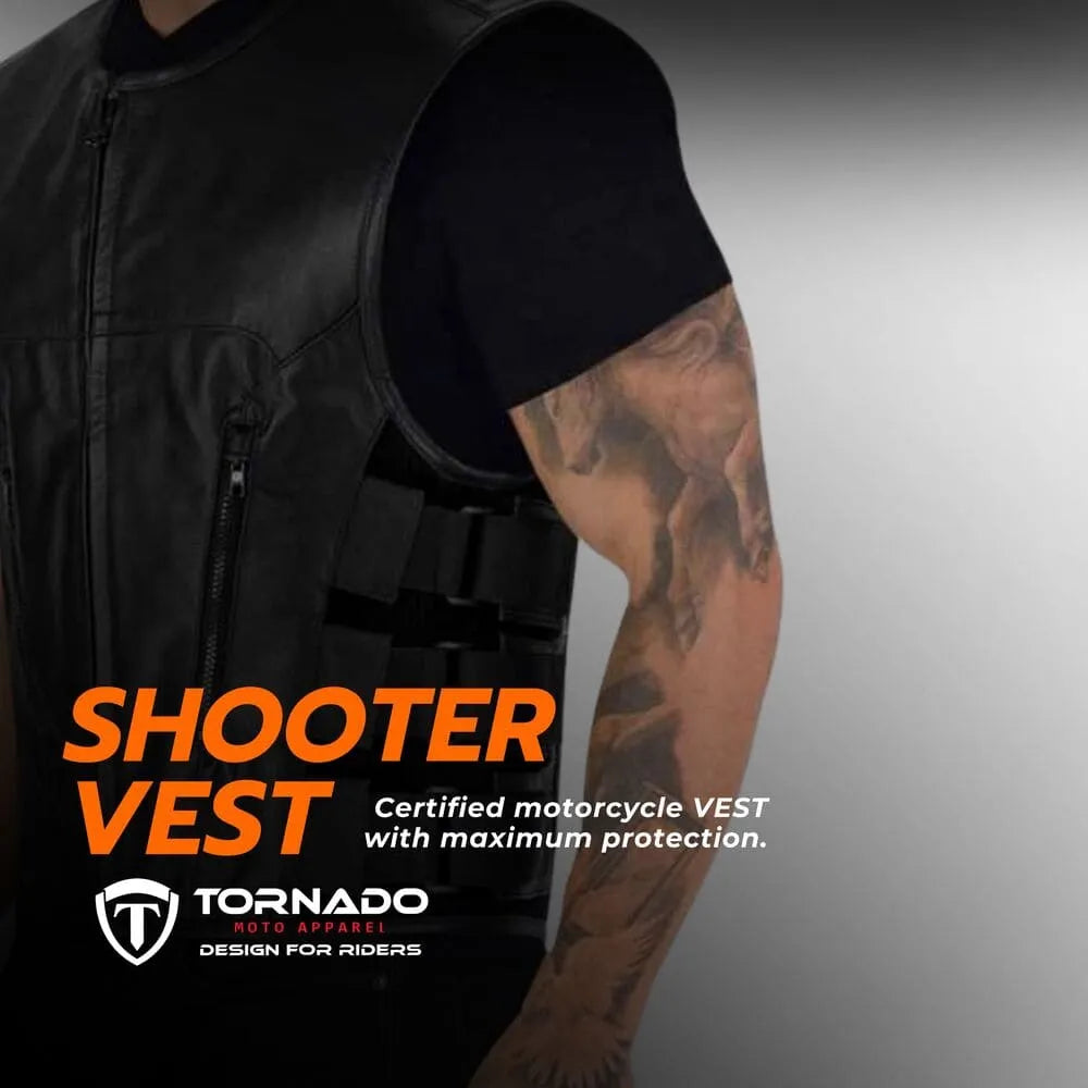 Black motorcycle vest with 'Shooter Vest' text and Tornado Gold Apparel branding on a gray background.