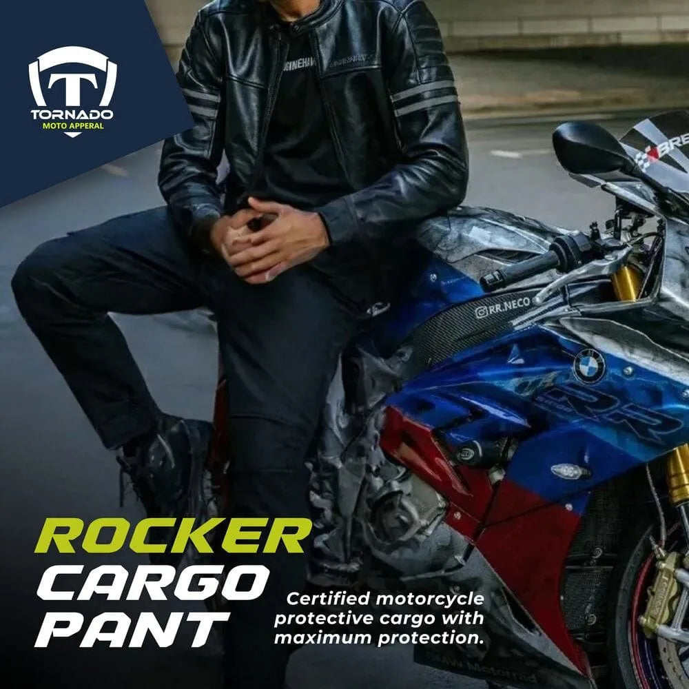 Person wearing a black leather jacket and pants sitting on a motorcycle with Tornado Moto Apparel branding.