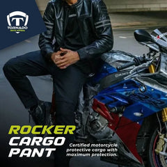 Person wearing a black leather jacket and pants sitting on a motorcycle with Tornado Moto Apparel branding.