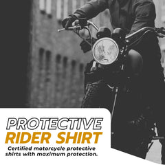 Certified Kevlar lined protective motorcycle rider shirt by Tornado Moto, shown worn by rider on motorcycle for maximum protection