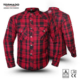 Red and black plaid Kevlar motorcycle riding shirt with CE certification, shown in front and back view by Tornado Moto.
