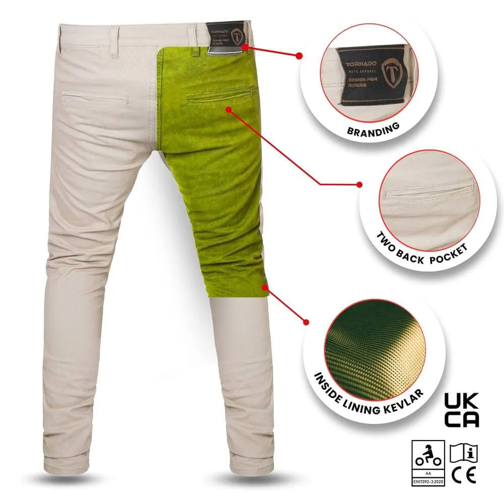 Sand pants with green patch and brand details on a white background