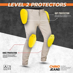 Sand jeans with yellow hip and knee protectors on a gray background, labeled 'Level 2 Protectors'.