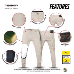 Sand riding pants with features highlighted on a white background, branded as Tornado Roto Apparel.