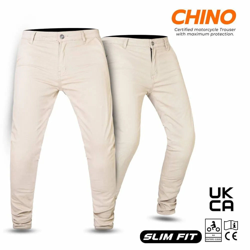 Sand motorcycle trousers with 'Chino' branding on a white background