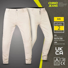 Sand chino jeans with product information on a gray background
