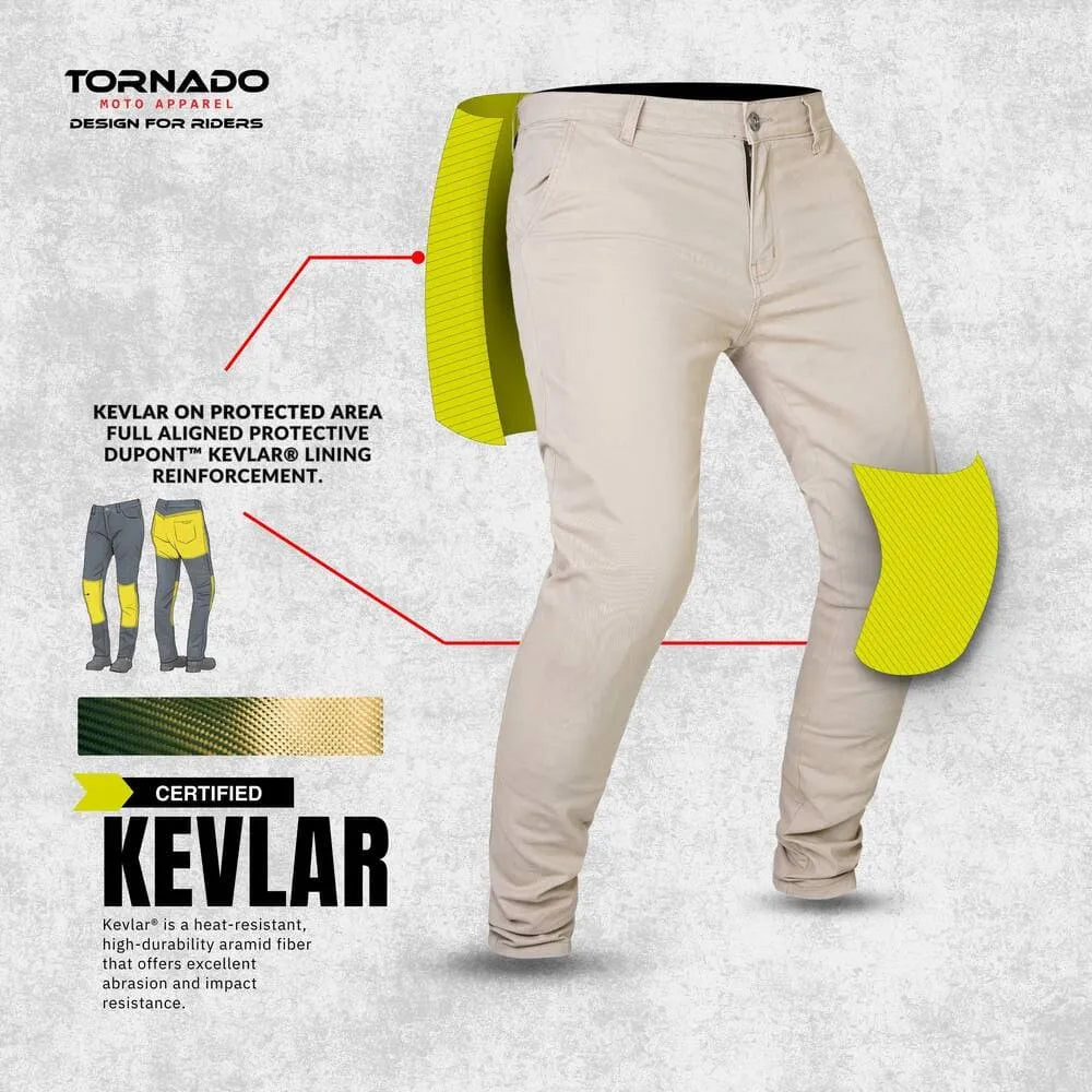 Sand motorcycle pants with yellow protective patches, featuring Tornado Roto Apparel branding.