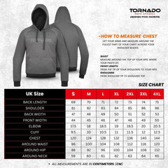 Men's motorbike fleece hoodie size chart with Kevlar, removable armour, Tornado Moto UK.