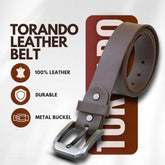 Brown leather belt with metal buckle on a white background