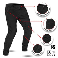 Black motorcycle jeans with features highlighted on a white background