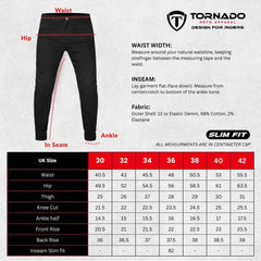 Black jeans with measurement guide and Tornado Moto Apparel branding