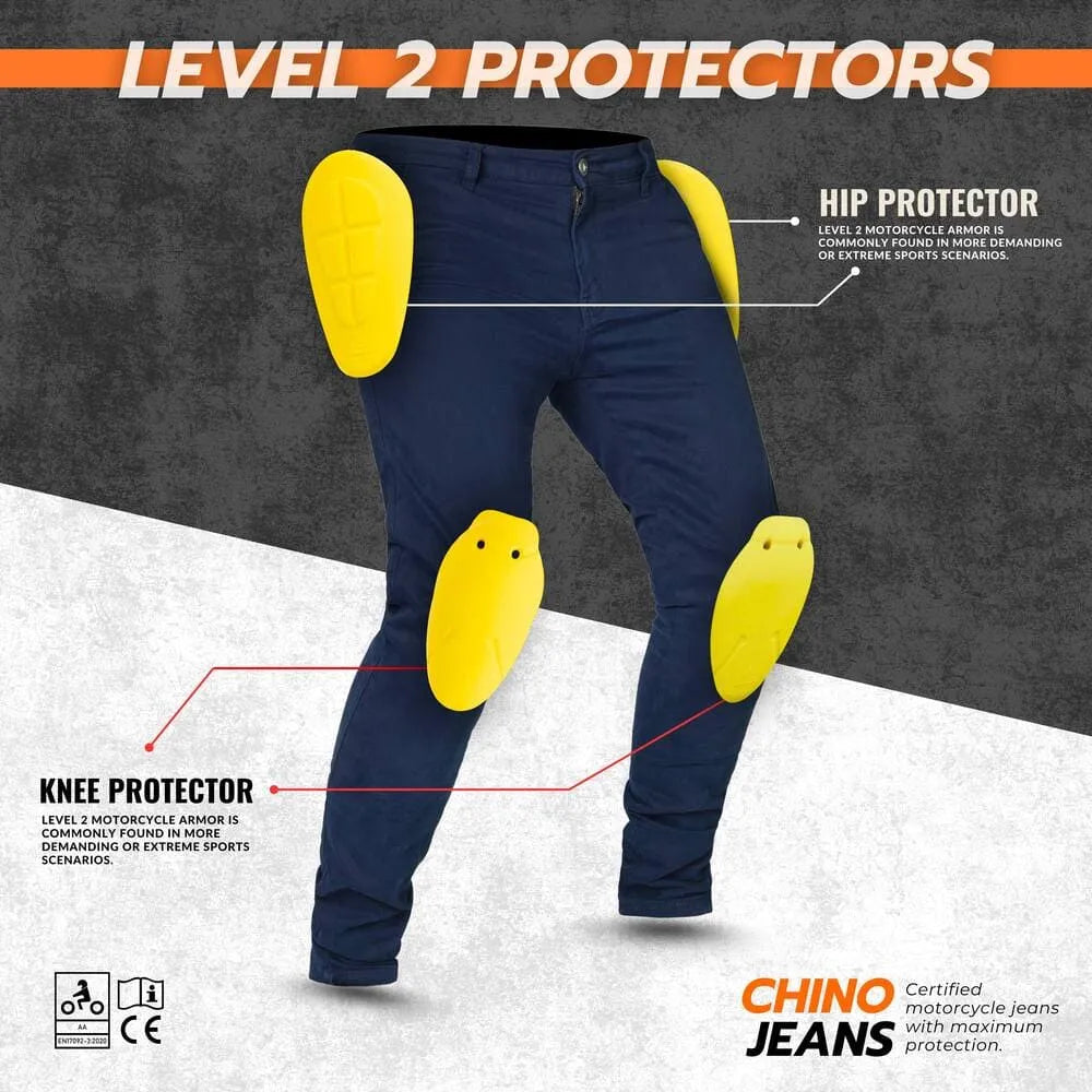 Tornado Chino Kevlar motorcycle jeans with CE Level 2 removable knee and hip protectors for maximum impact protection