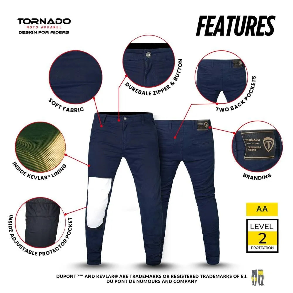 Tornado Chino Kevlar jeans features soft fabric durable zipper two back pockets inside Kevlar lining adjustable protector pockets CE Level 2 armor AA rated