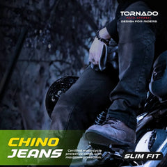 Rider wearing Tornado Chino navy blue slim fit Kevlar motorcycle jeans certified protective riding pants that look like regular chinos