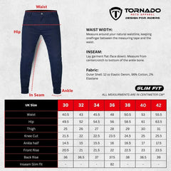 Measurement guide for Tornado pants with a navy blue pant displayed.