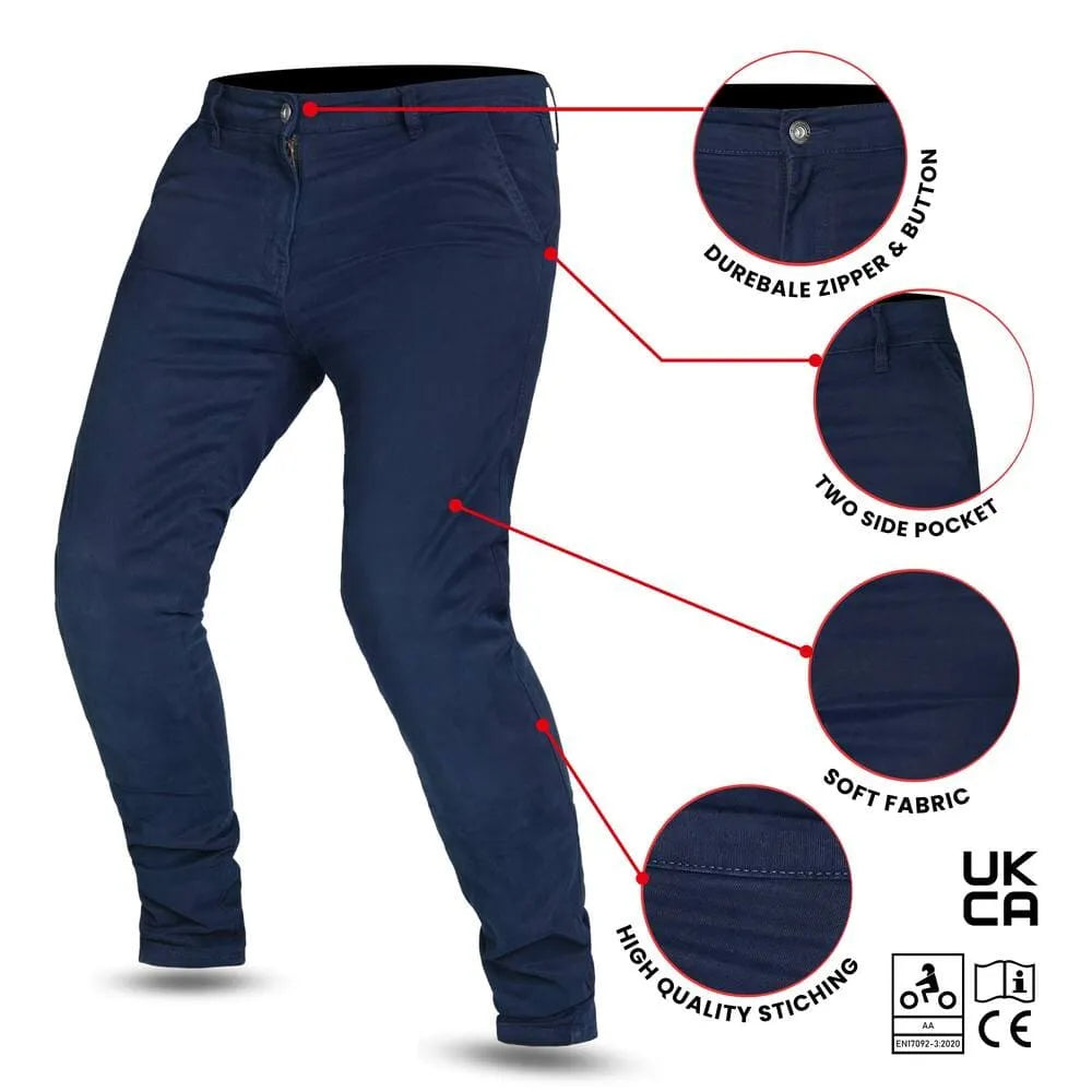 Close-up of Tornado Chino navy slim fit riding jeans durable YKK zipper button closure two side pockets and high-quality stitching