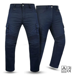 Pair of navy blue pants with multiple pockets and protective patches on a white background