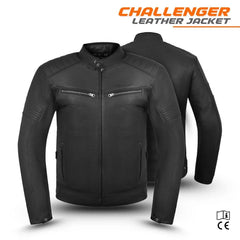 Black leather jacket with 'Challenger' branding on a white background