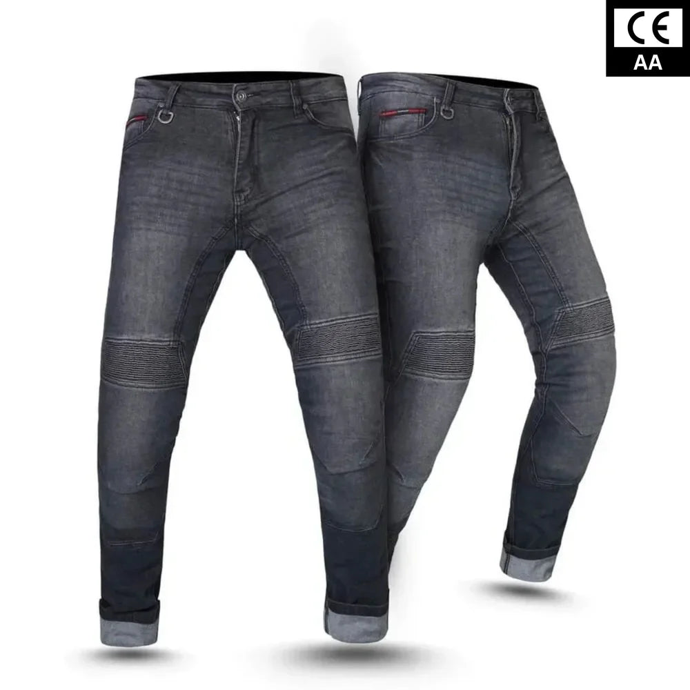 Pair of black motorcycle jeans with visible CE and AA logos on a white background