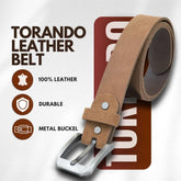 Torando leather belt with metal buckle on a white background