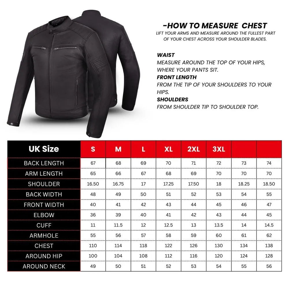 Black leather jacket with measurement chart for sizing on a white background