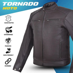 Black leather motorcycle jacket with Tornado Moto branding and feature icons on a blue and white background.