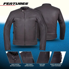 Black leather jacket with features highlighted on a blue background