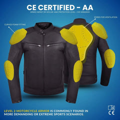 Black motorcycle jacket with yellow armor on a blue background, featuring CE certification.