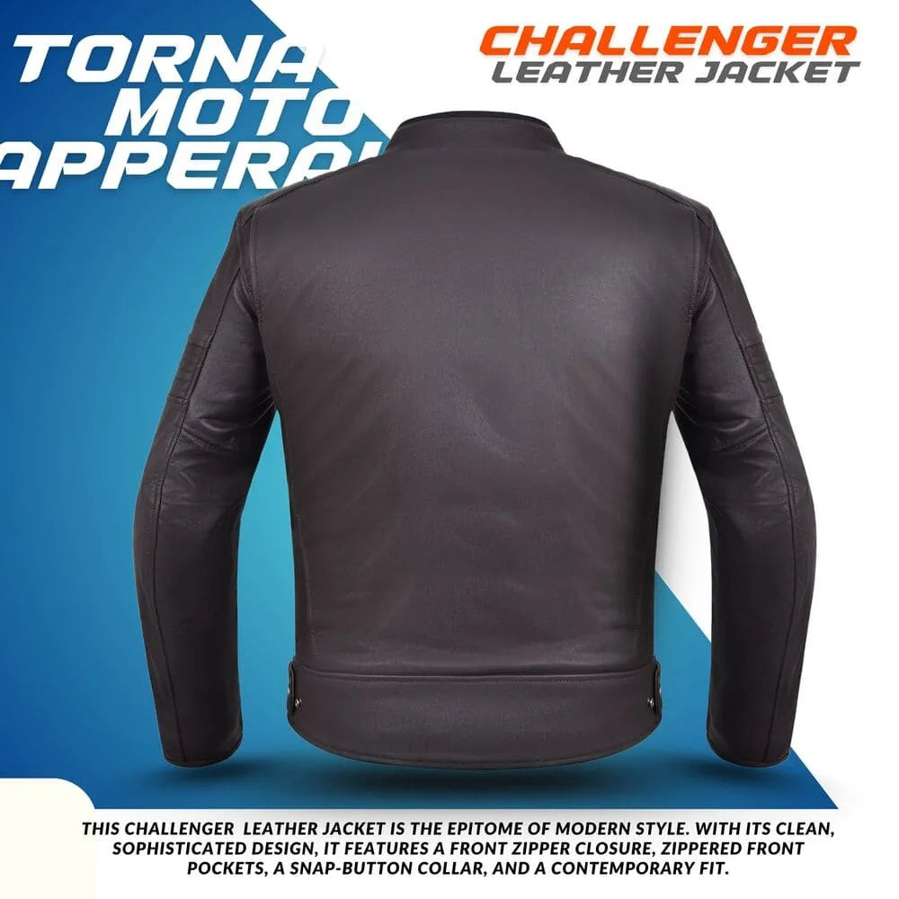 Black leather jacket on a blue and white background with 'Challenger' branding.