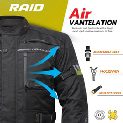 Tornado Moto Fluorescent Raid Leather Textile Jacket – CE Certified Hi-Vis Vented Adventure Motorcycle Jacket