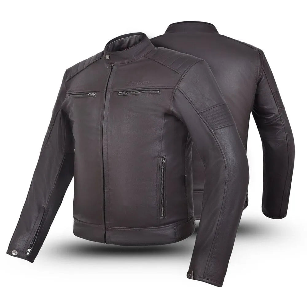 Black leather jacket shown from front and back on a white background