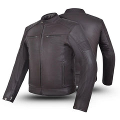 Black leather jacket shown from front and back on a white background