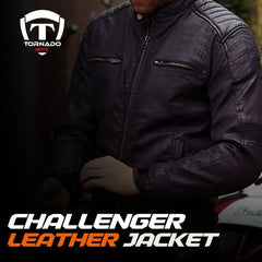 Person wearing a leather jacket with Tornado Moto logo and 'Challenger Leather Jacket' text.