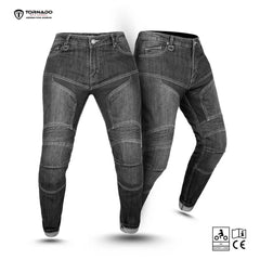 Pair of women black motorcycle jeans with Tornado branding on a white background