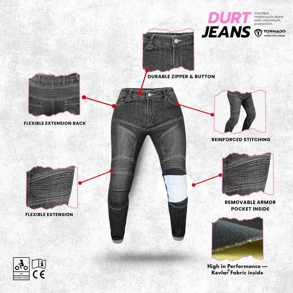 women black motorcycle jeans with features highlighted on a gray background