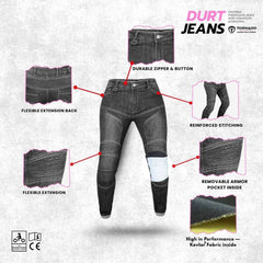 women black motorcycle jeans with features highlighted on a gray background
