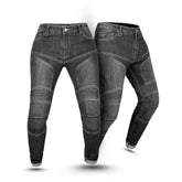 Pair of women black motorcycle jeans with armor plating on a white background