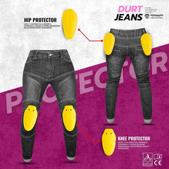 women black motorcycle jeans with hip and knee protectors on a purple and white background