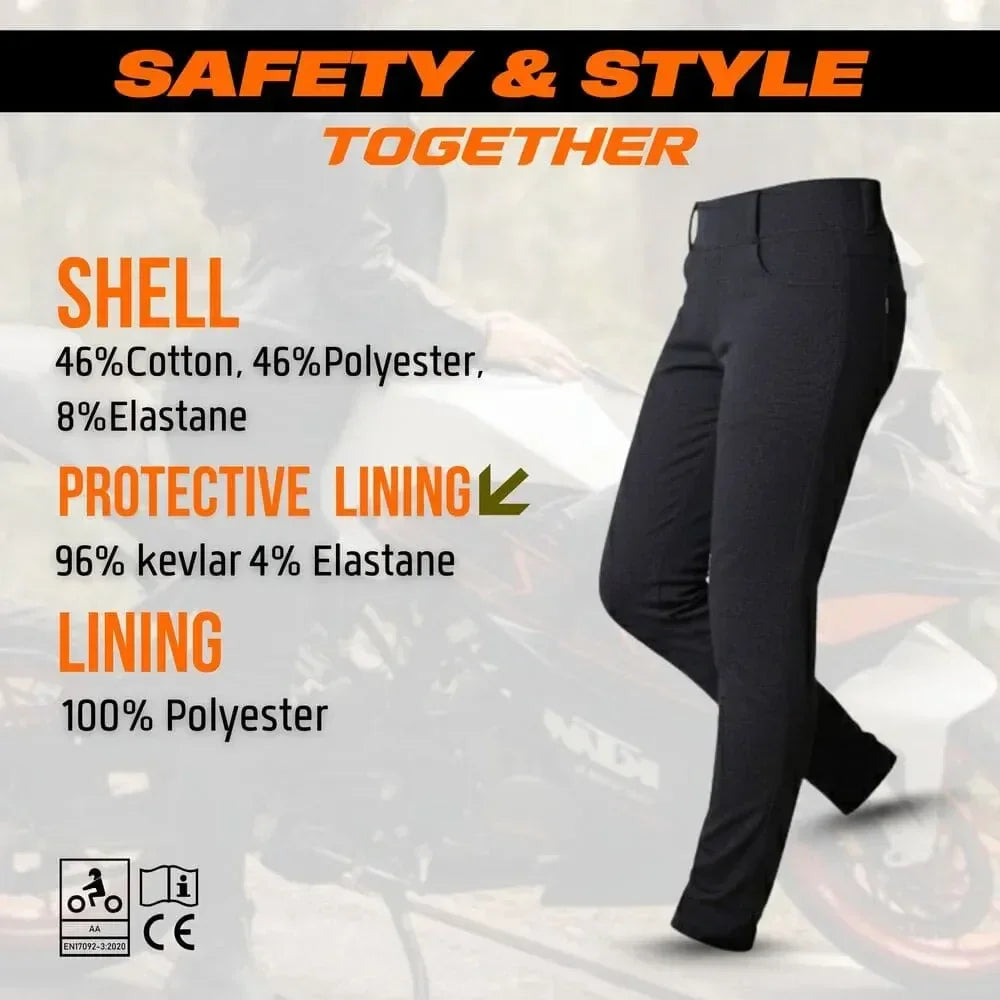 Black women kevlar legging with safety and style features highlighted on a blurred background