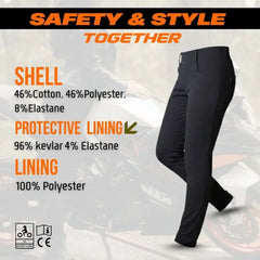 Black women kevlar legging with safety and style features highlighted on a blurred background