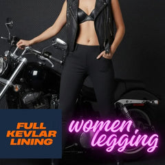 Person wearing black leggings and leather vest standing next to a motorcycle with text about Kevlar lining.