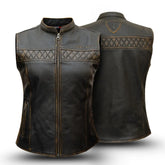 Brown women leather vest with diamond pattern on a white background